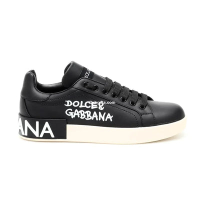 D And G Logo Print Leather Lace-up Trainers In Black