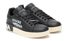 D And G Logo Print Leather Lace-up Trainers In Black