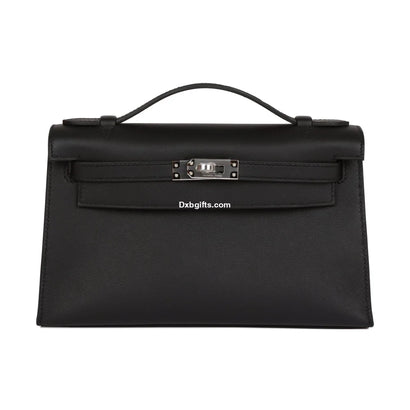 Herms Kelly Pochette Black Swift Palladium Hardware