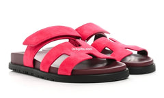 Herms Suede Goatskin Womens Chypre Sandals Rouge Marsala