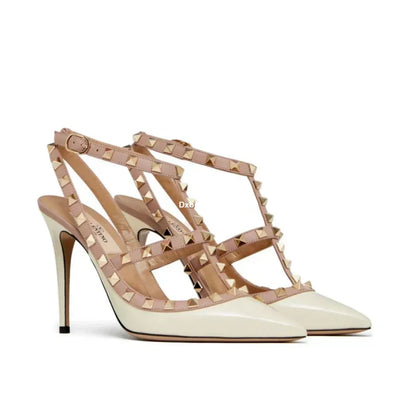 Rockstud Leather Pumps In White - Vale Grvani