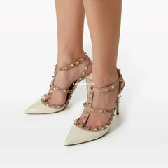 Rockstud Leather Pumps In White - Vale Grvani